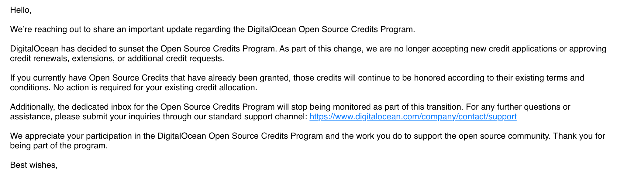 DigitalOcean 开源积分计划终止邮件